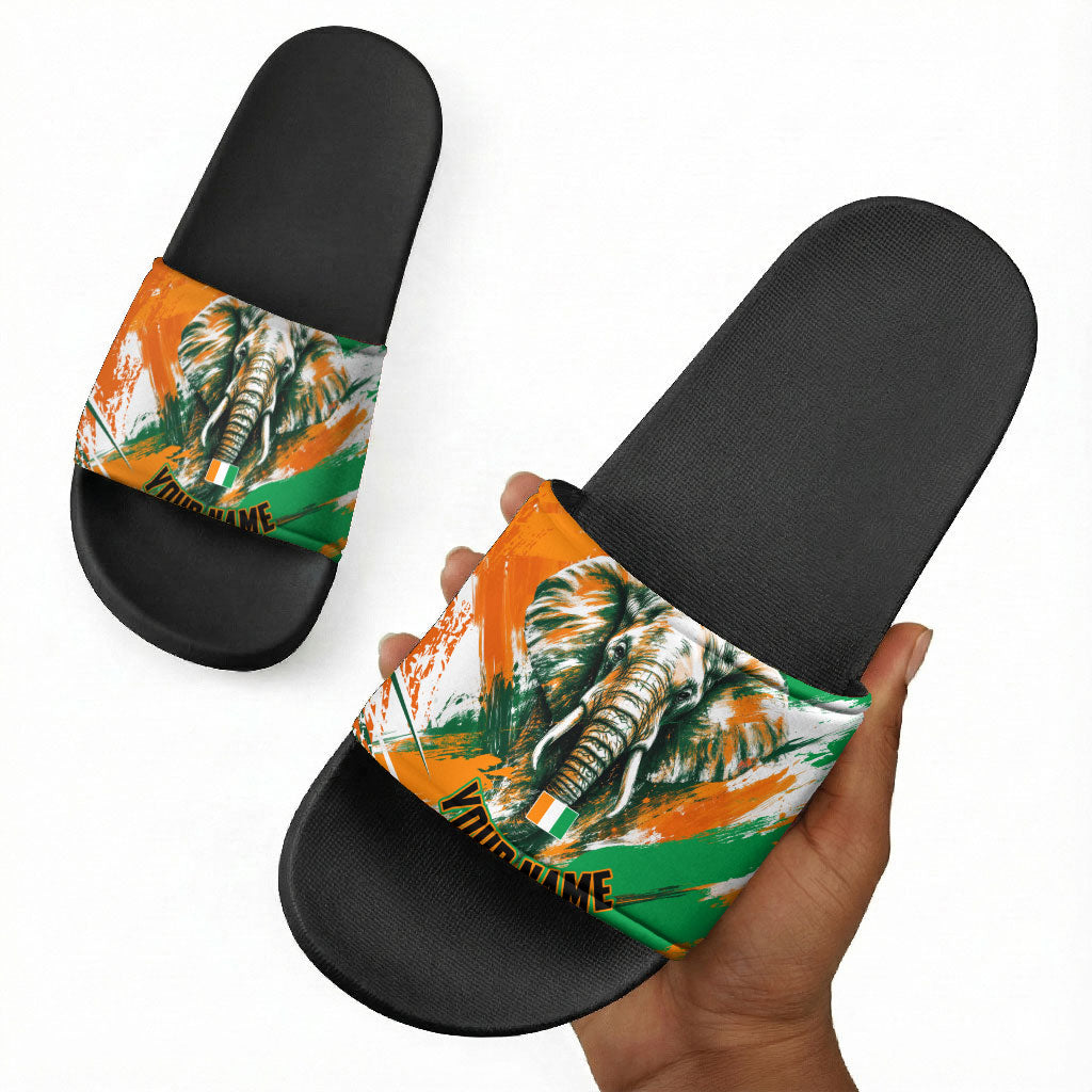 Personalized Ivory Coast Football Slide Sandals Elephant Football Splatter Art
