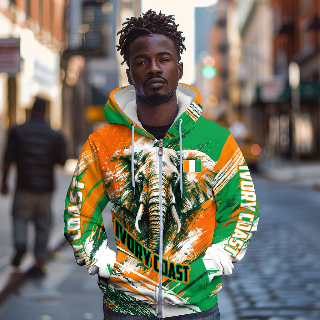 Personalized Ivory Coast Football Zip Hoodie Elephant Football Splatter Art