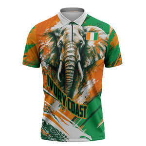 Personalized Ivory Coast Football Zipper Polo Shirt Elephant Football Splatter Art