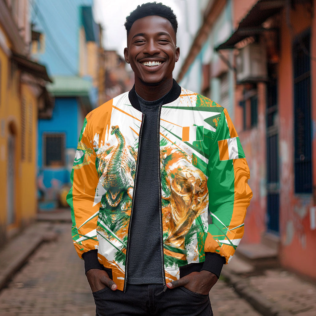Personalized Ivory Coast Football Bomber Jacket African Elephant Trophy