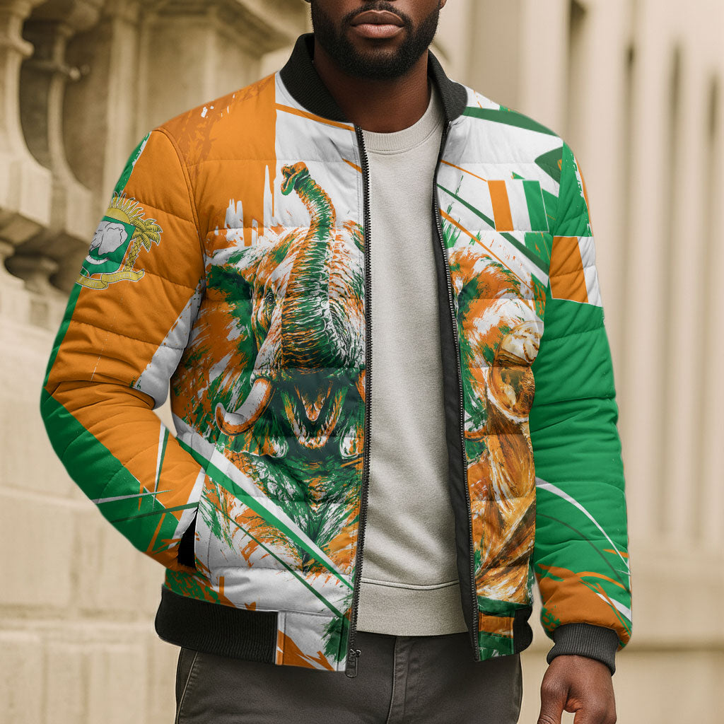 Personalized Ivory Coast Football Bomber Puffer Jacket African Elephant Trophy