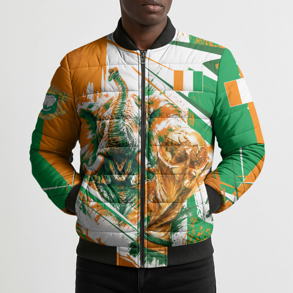Personalized Ivory Coast Football Bomber Puffer Jacket African Elephant Trophy