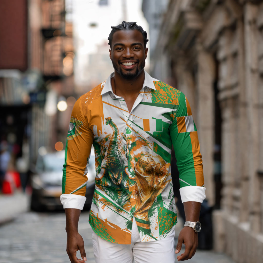 Personalized Ivory Coast Football Long Sleeve Button Shirt African Elephant Trophy