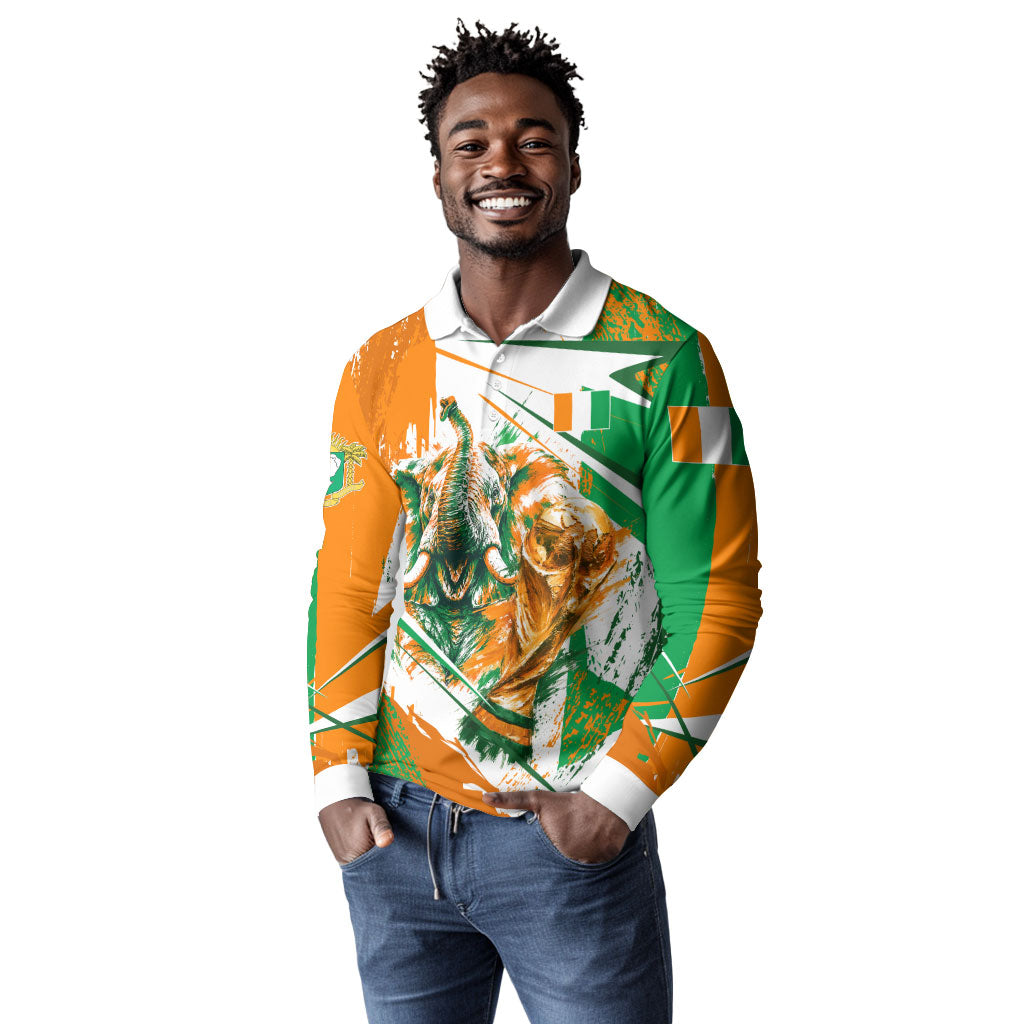 Personalized Ivory Coast Football Long Sleeve Polo Shirt African Elephant Trophy