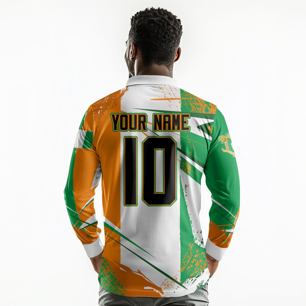 Personalized Ivory Coast Football Long Sleeve Polo Shirt African Elephant Trophy