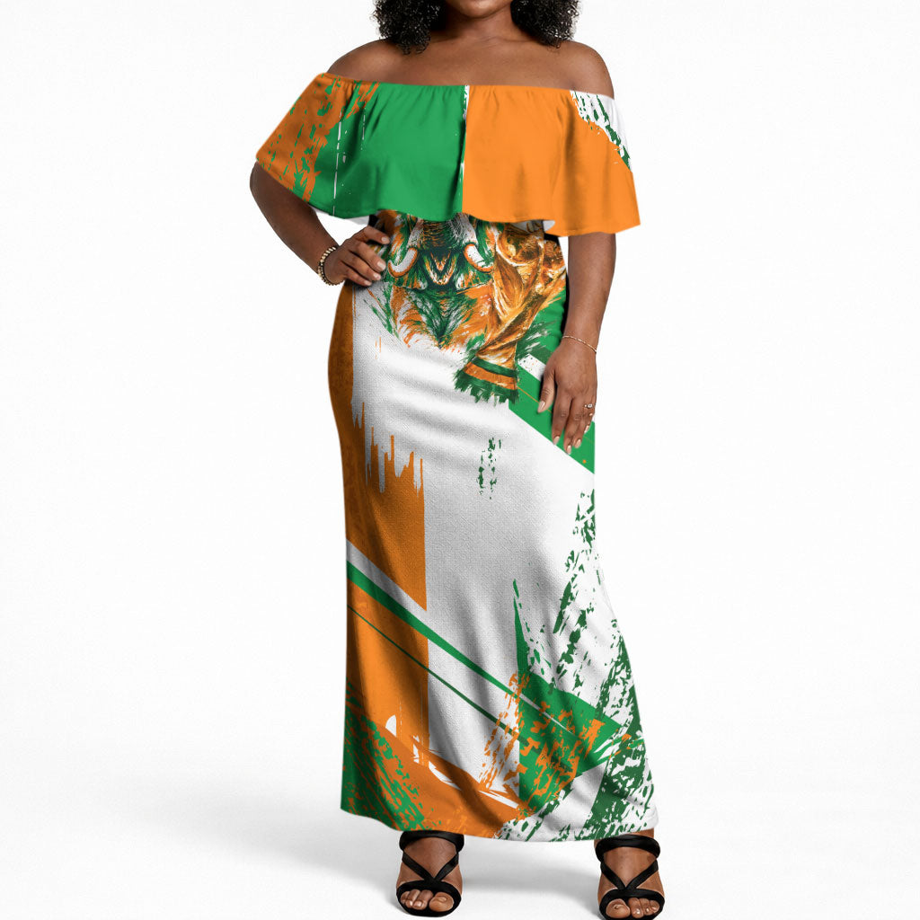 Personalized Ivory Coast Football Off Shoulder Maxi Dress African Elephant Trophy