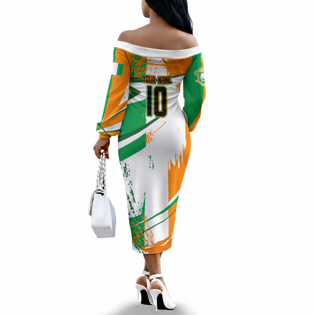 Personalized Ivory Coast Football Off The Shoulder Long Sleeve Dress African Elephant Trophy