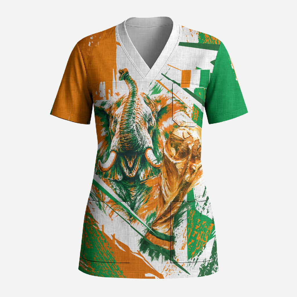 Personalized Ivory Coast Football Scrub Top African Elephant Trophy