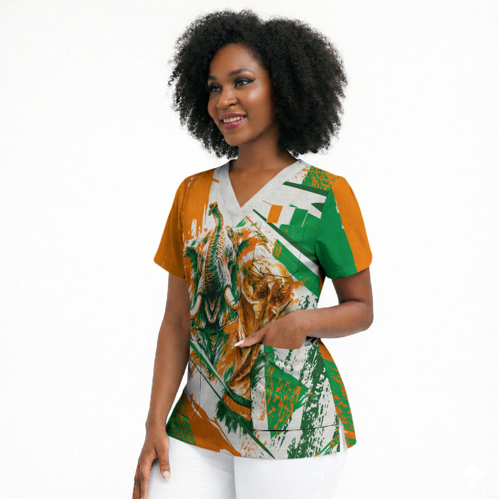 Personalized Ivory Coast Football Scrub Top African Elephant Trophy