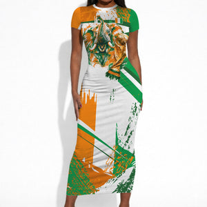 Personalized Ivory Coast Football Short Sleeve Bodycon Dress African Elephant Trophy