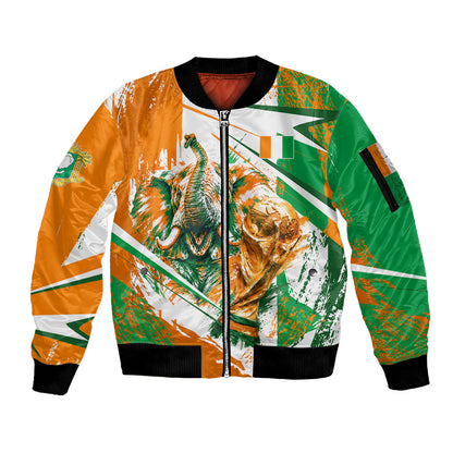 Personalized Ivory Coast Football Sleeve Zip Bomber Jacket African Elephant Trophy