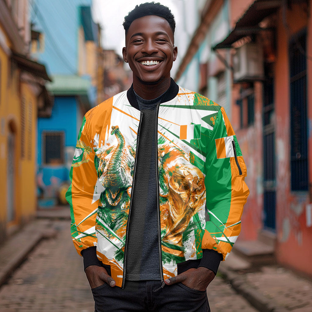 Personalized Ivory Coast Football Sleeve Zip Bomber Jacket African Elephant Trophy