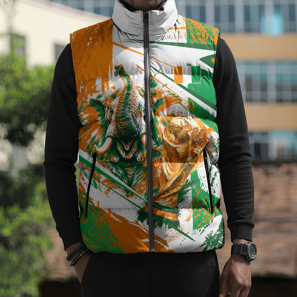 Personalized Ivory Coast Football Sleeveless Puffer Jacket African Elephant Trophy