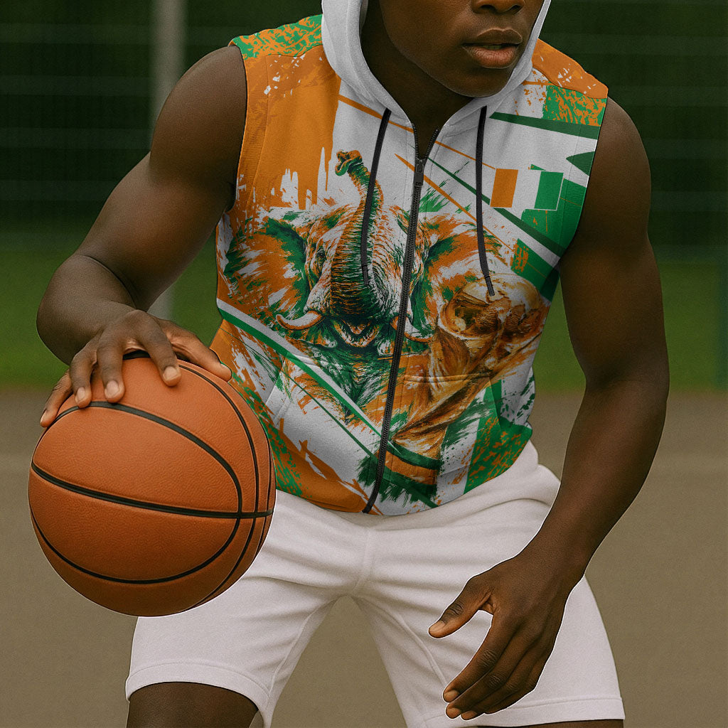 Personalized Ivory Coast Football Sleeveless Zip Hoodie African Elephant Trophy