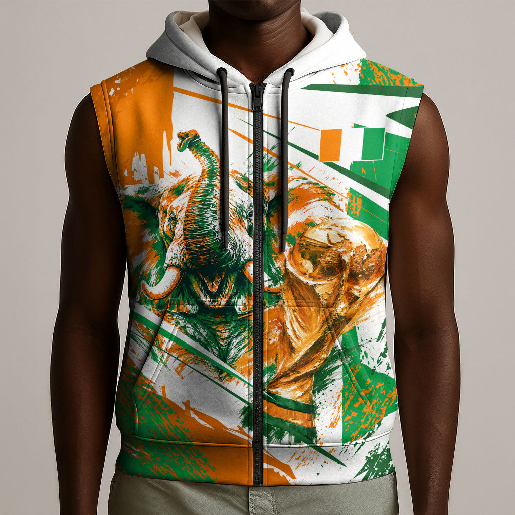 Personalized Ivory Coast Football Sleeveless Zip Hoodie African Elephant Trophy