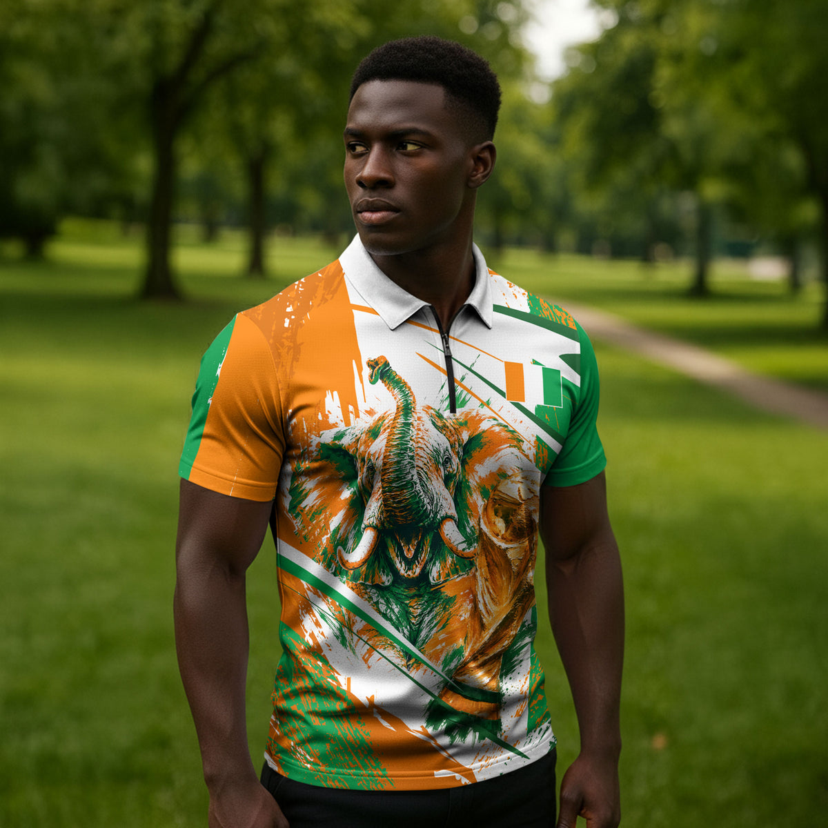 Personalized Ivory Coast Football Zipper Polo Shirt African Elephant Trophy