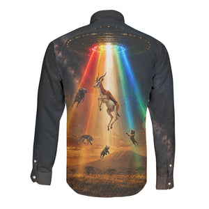 South Africa Safari UFO Long Sleeve Button Shirt African Wildlife Sci-Fi Galaxy Space And Mandela