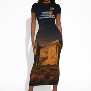 South Africa Safari UFO Short Sleeve Bodycon Dress African Wildlife Sci-Fi Galaxy Space And Mandela