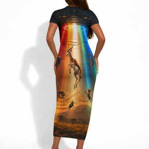 South Africa Safari UFO Short Sleeve Bodycon Dress African Wildlife Sci-Fi Galaxy Space And Mandela