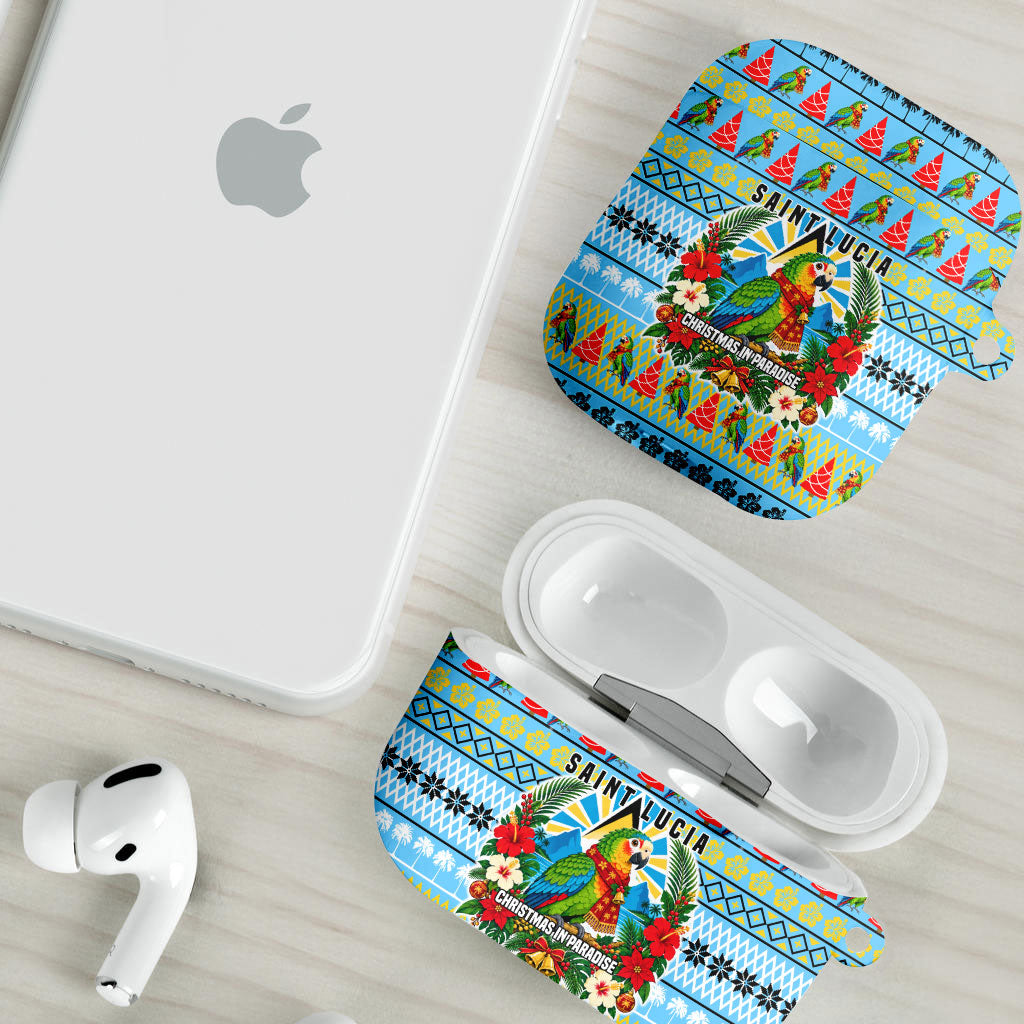 Saint Lucia Christmas In Paradise AirPods Case Tropical Parrot Santa Ugly Pattern Graphic Artwork