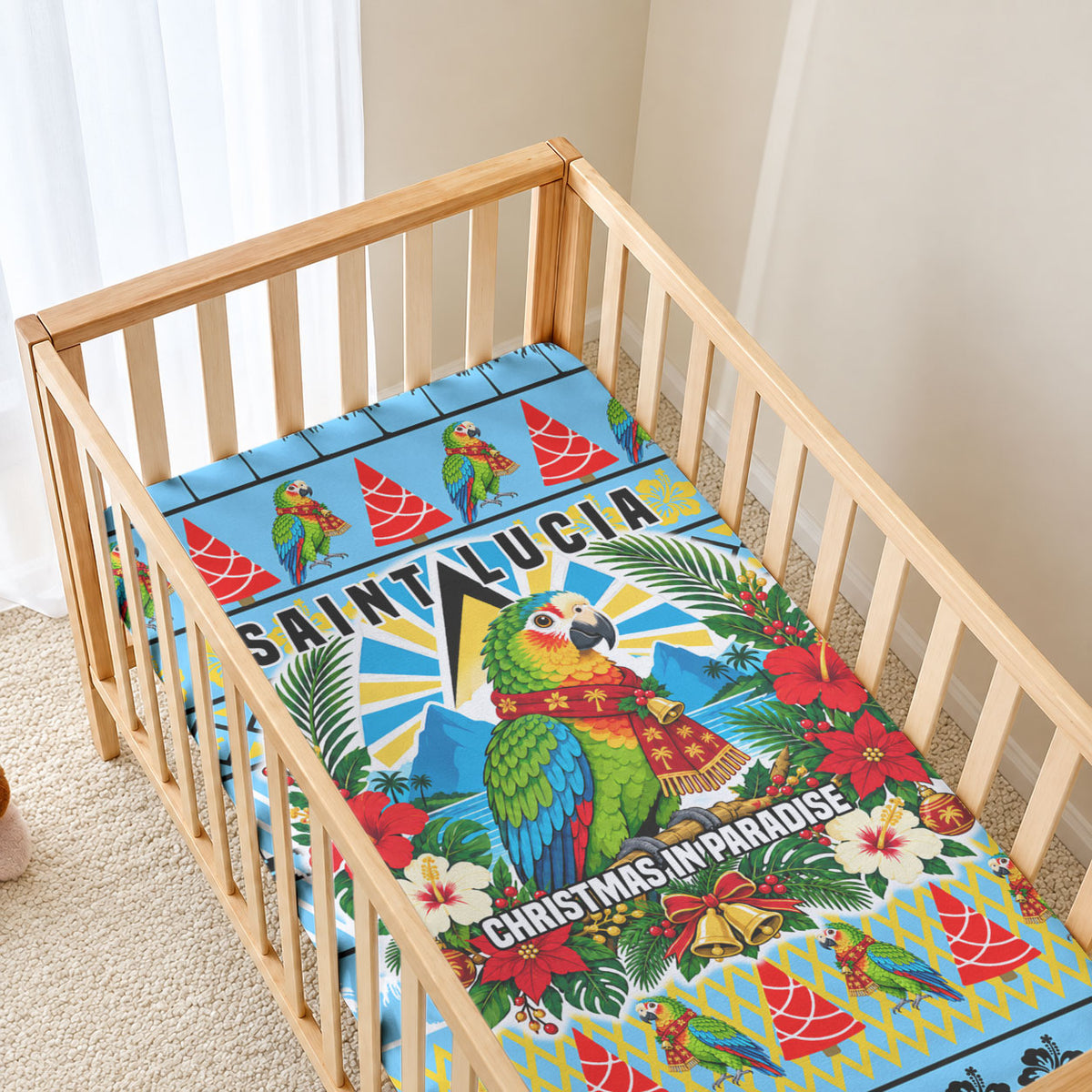 Saint Lucia Christmas In Paradise Baby Bed Cover Tropical Parrot Santa Ugly Pattern Graphic Artwork