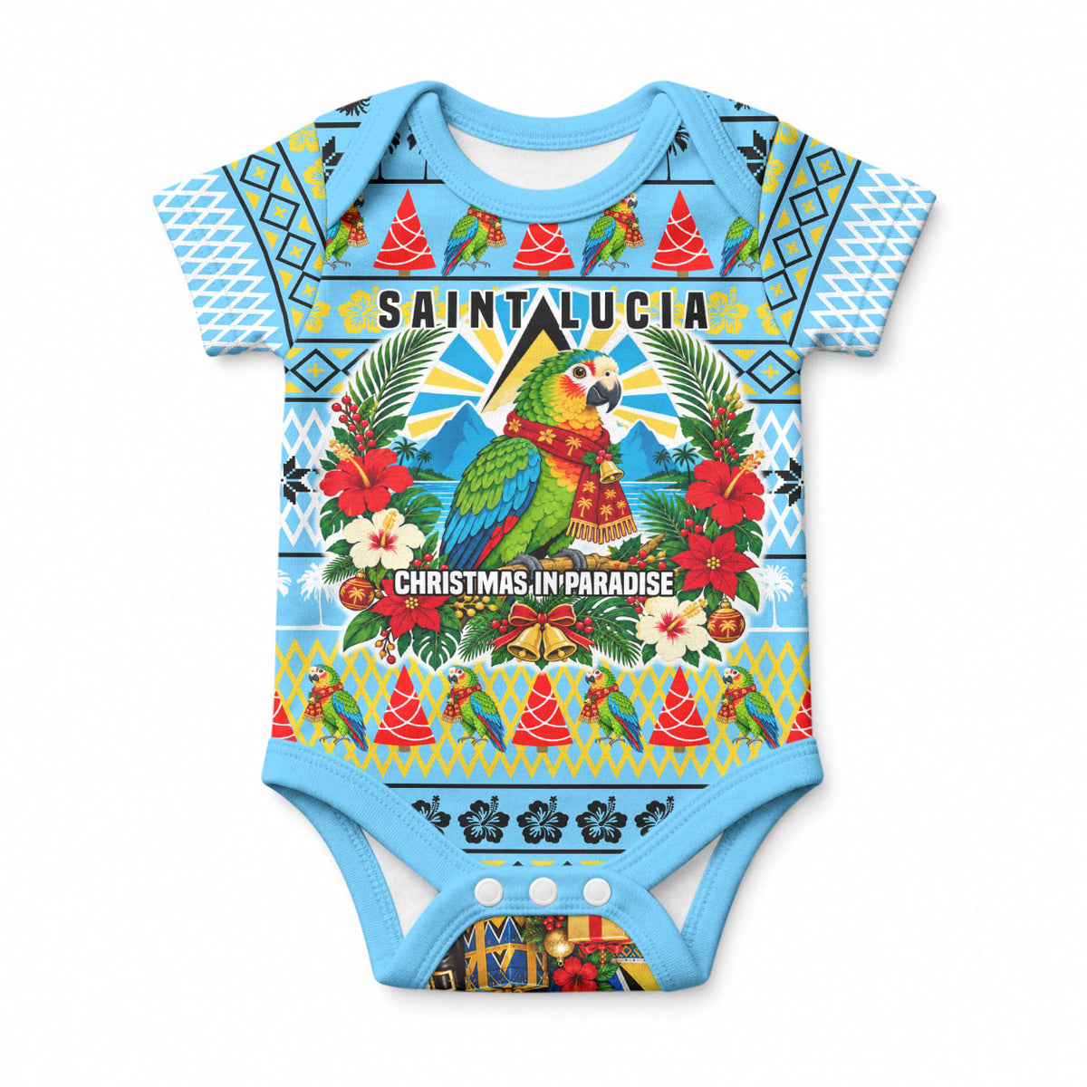 Saint Lucia Christmas In Paradise Baby Onesie Tropical Parrot Santa Ugly Pattern Graphic Artwork