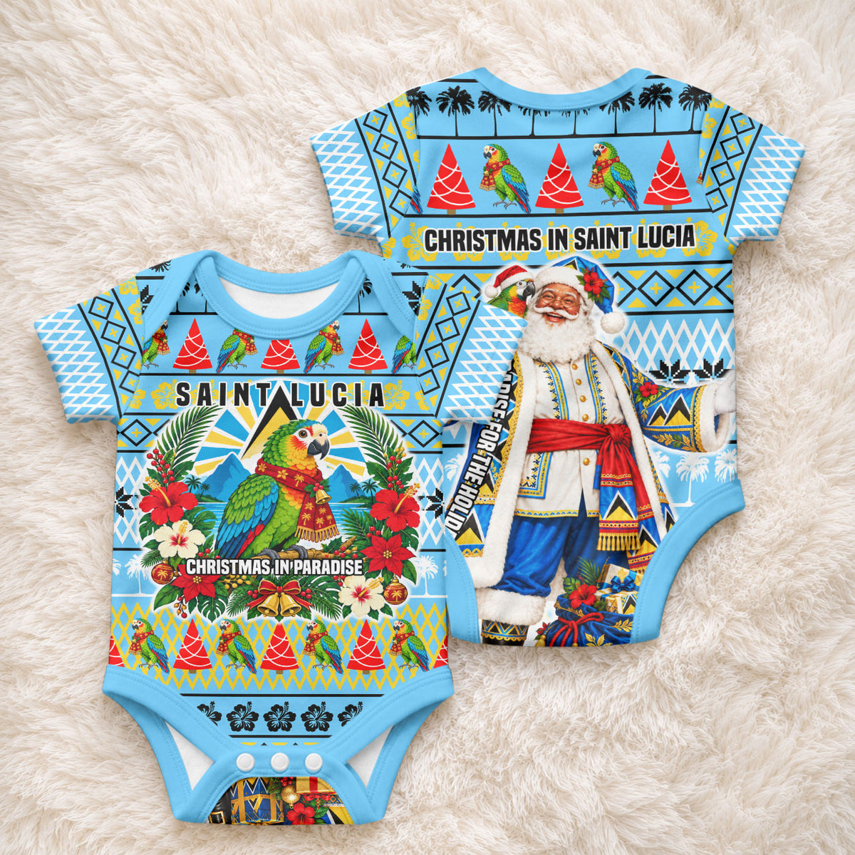 Saint Lucia Christmas In Paradise Baby Onesie Tropical Parrot Santa Ugly Pattern Graphic Artwork