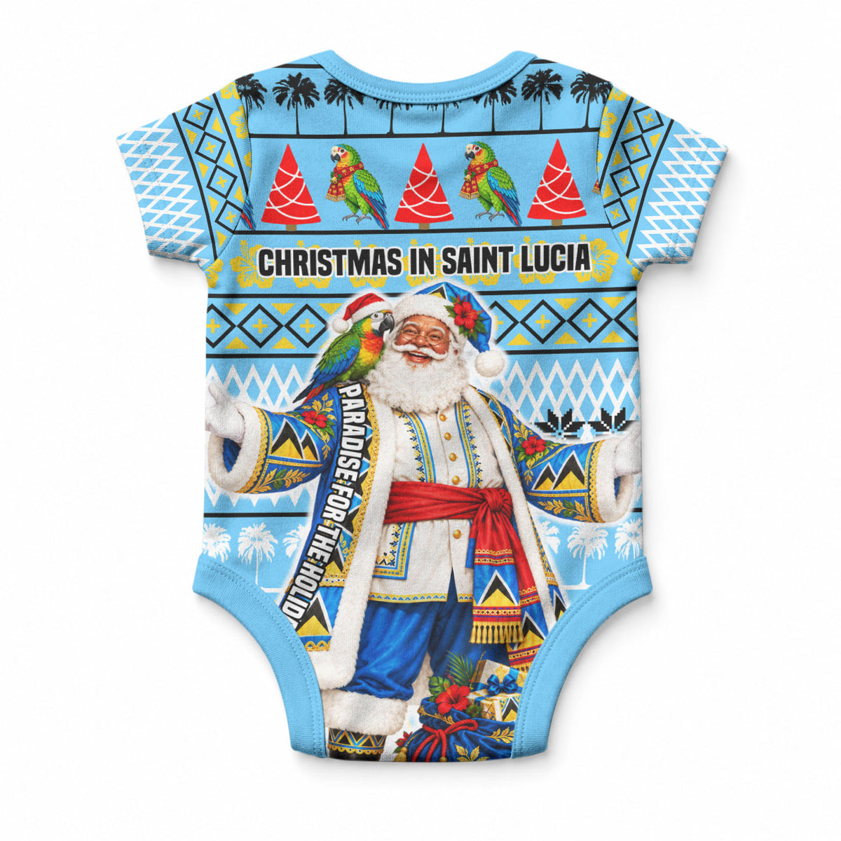 Saint Lucia Christmas In Paradise Baby Onesie Tropical Parrot Santa Ugly Pattern Graphic Artwork