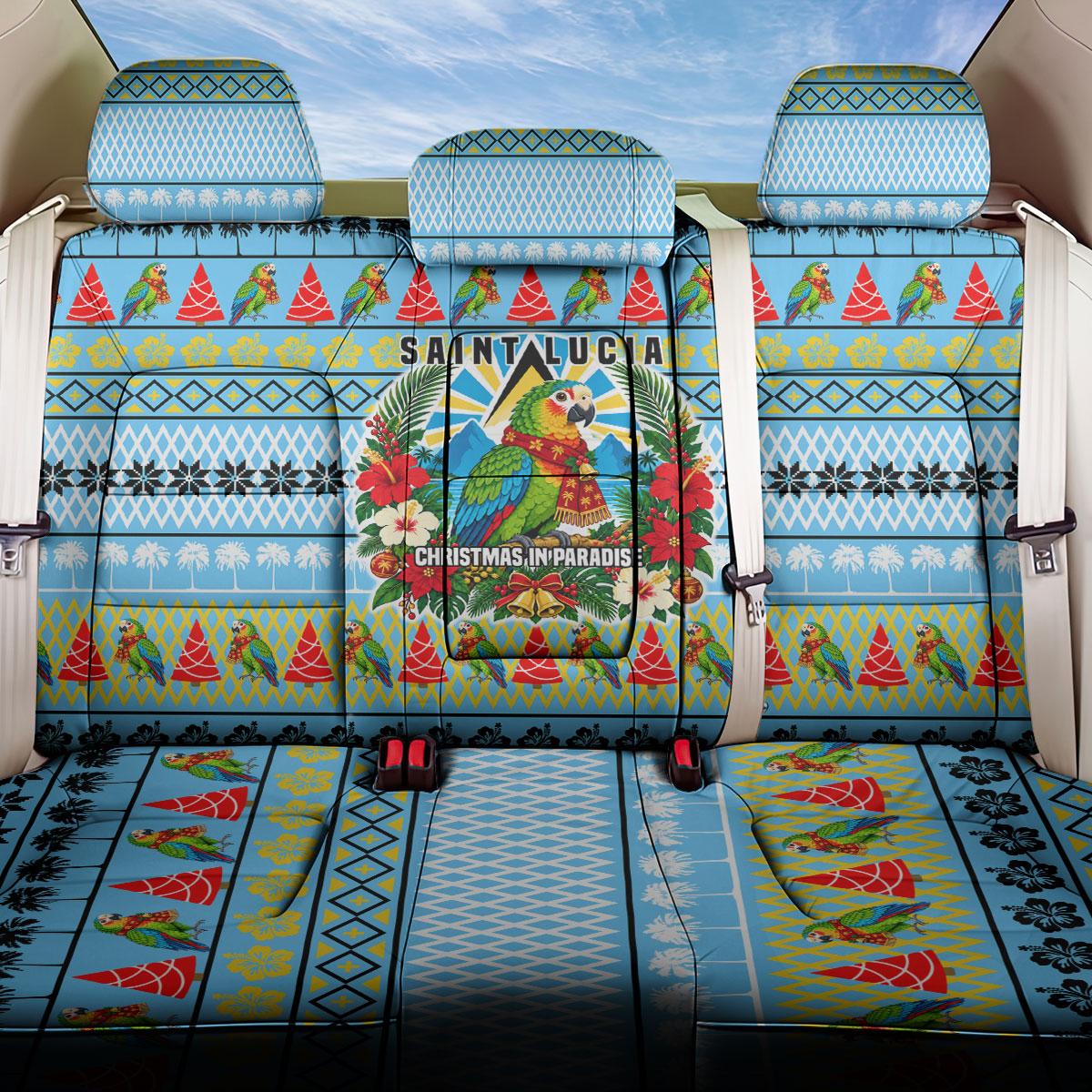 Saint Lucia Christmas In Paradise Back Car Seat Cover Tropical Parrot Santa Ugly Pattern Graphic Artwork
