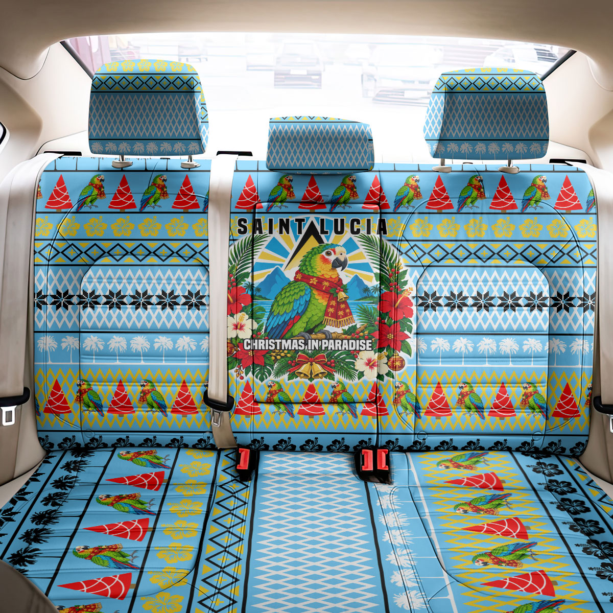 Saint Lucia Christmas In Paradise Back Car Seat Cover Tropical Parrot Santa Ugly Pattern Graphic Artwork