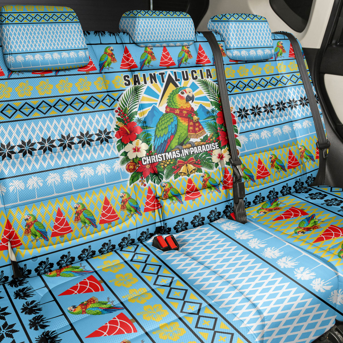 Saint Lucia Christmas In Paradise Back Car Seat Cover Tropical Parrot Santa Ugly Pattern Graphic Artwork