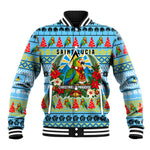 Saint Lucia Christmas In Paradise Baseball Jacket Tropical Parrot Santa Ugly Pattern Graphic Artwork