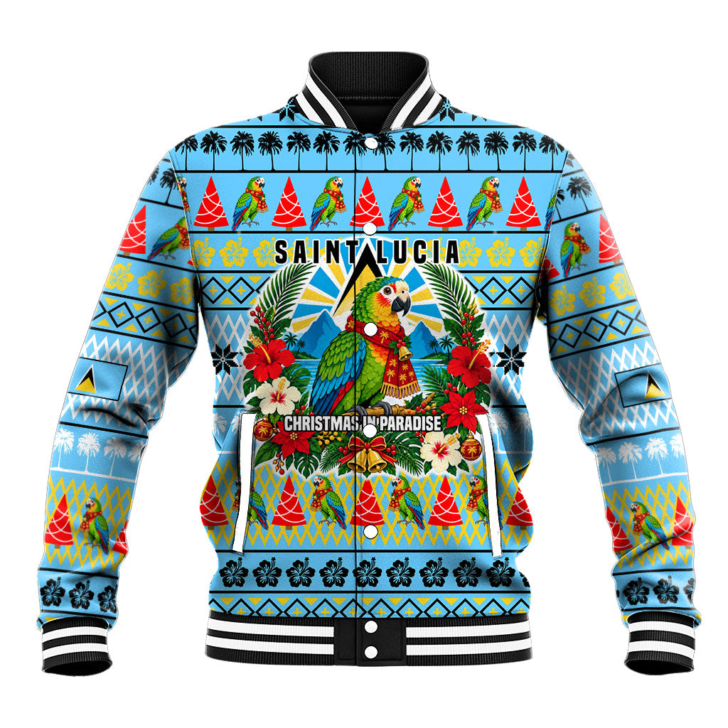 Saint Lucia Christmas In Paradise Baseball Jacket Tropical Parrot Santa Ugly Pattern Graphic Artwork