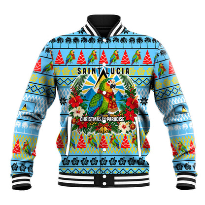 Saint Lucia Christmas In Paradise Baseball Jacket Tropical Parrot Santa Ugly Pattern Graphic Artwork
