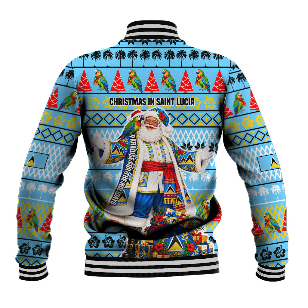 Saint Lucia Christmas In Paradise Baseball Jacket Tropical Parrot Santa Ugly Pattern Graphic Artwork