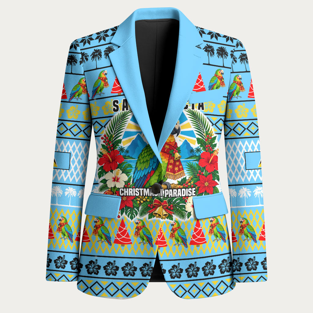 Saint Lucia Christmas In Paradise Blazer Tropical Parrot Santa Ugly Pattern Graphic Artwork