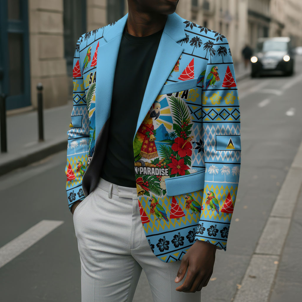 Saint Lucia Christmas In Paradise Blazer Tropical Parrot Santa Ugly Pattern Graphic Artwork