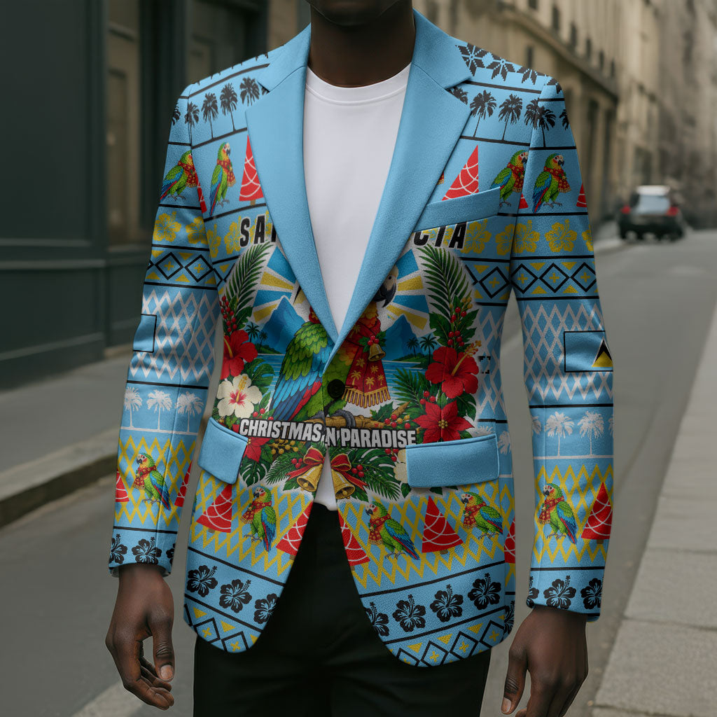 Saint Lucia Christmas In Paradise Blazer Tropical Parrot Santa Ugly Pattern Graphic Artwork