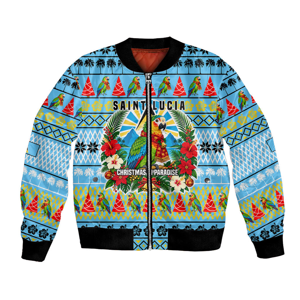 Saint Lucia Christmas In Paradise Bomber Jacket Tropical Parrot Santa Ugly Pattern Graphic Artwork