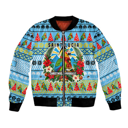Saint Lucia Christmas In Paradise Bomber Jacket Tropical Parrot Santa Ugly Pattern Graphic Artwork