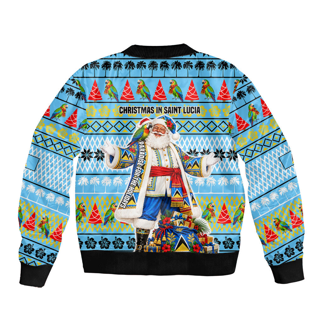 Saint Lucia Christmas In Paradise Bomber Jacket Tropical Parrot Santa Ugly Pattern Graphic Artwork