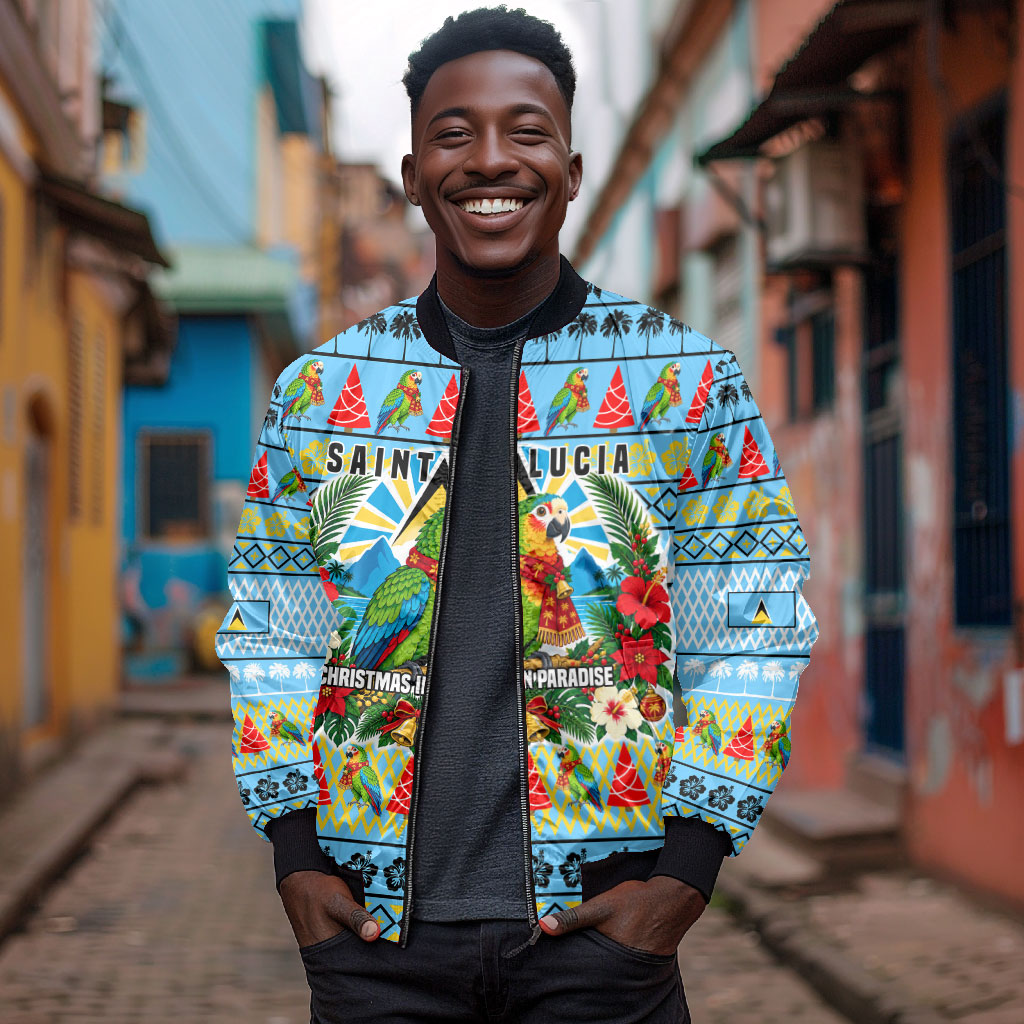 Saint Lucia Christmas In Paradise Bomber Jacket Tropical Parrot Santa Ugly Pattern Graphic Artwork