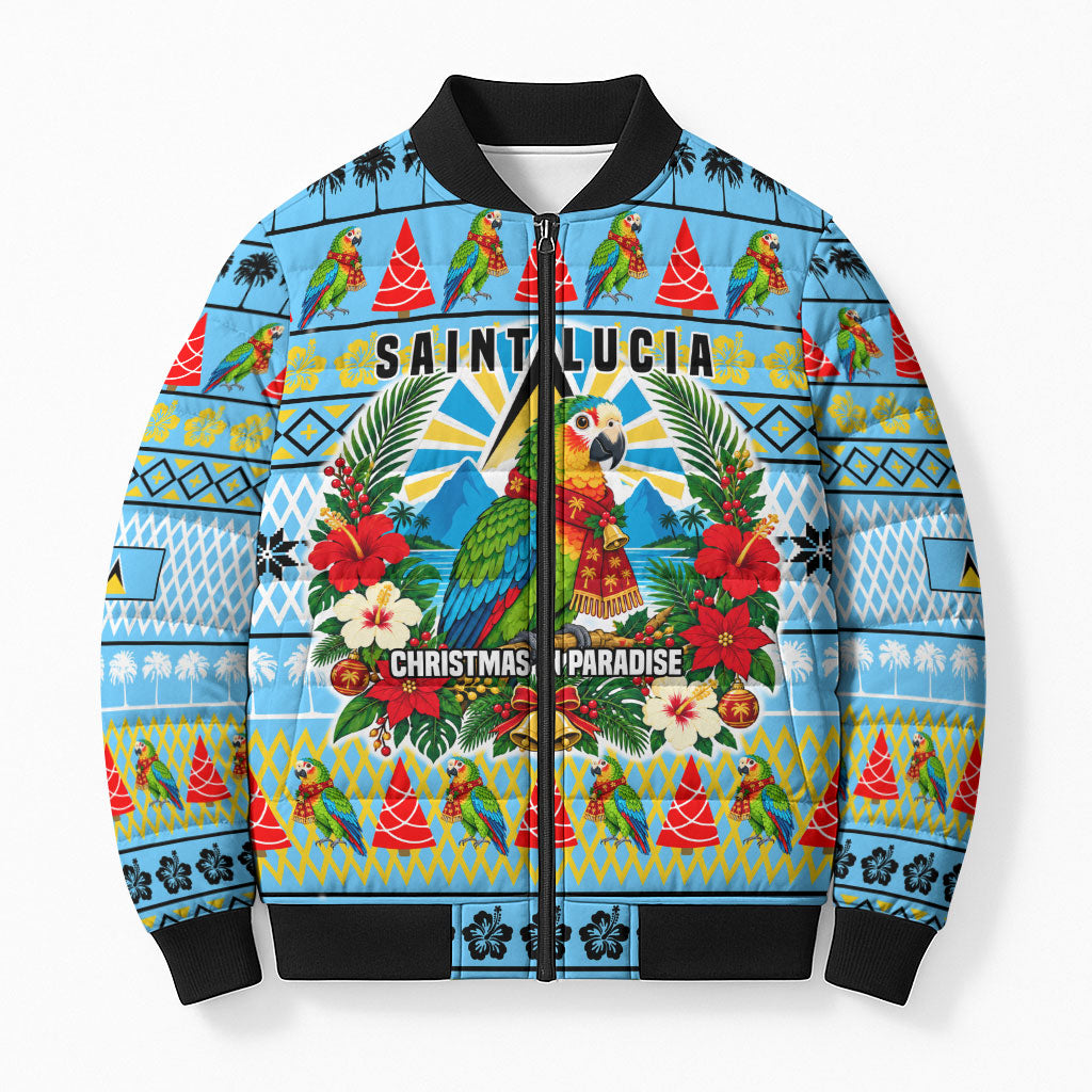 Saint Lucia Christmas In Paradise Bomber Puffer Jacket Tropical Parrot Santa Ugly Pattern Graphic Artwork