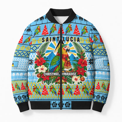 Saint Lucia Christmas In Paradise Bomber Puffer Jacket Tropical Parrot Santa Ugly Pattern Graphic Artwork