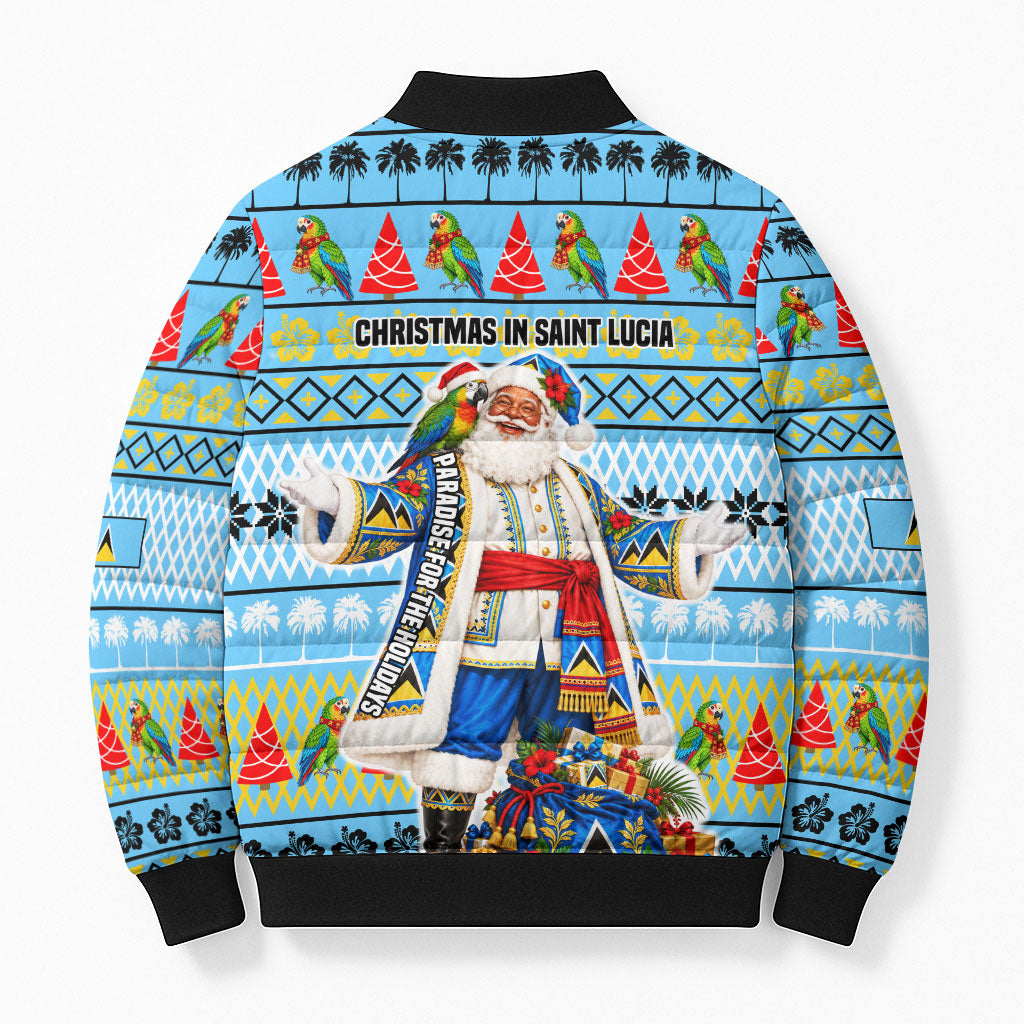 Saint Lucia Christmas In Paradise Bomber Puffer Jacket Tropical Parrot Santa Ugly Pattern Graphic Artwork