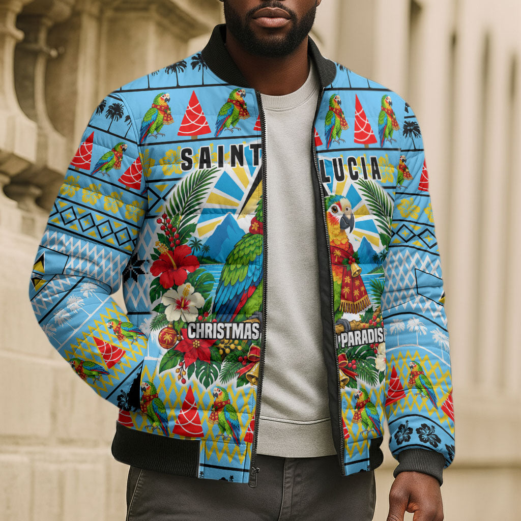 Saint Lucia Christmas In Paradise Bomber Puffer Jacket Tropical Parrot Santa Ugly Pattern Graphic Artwork
