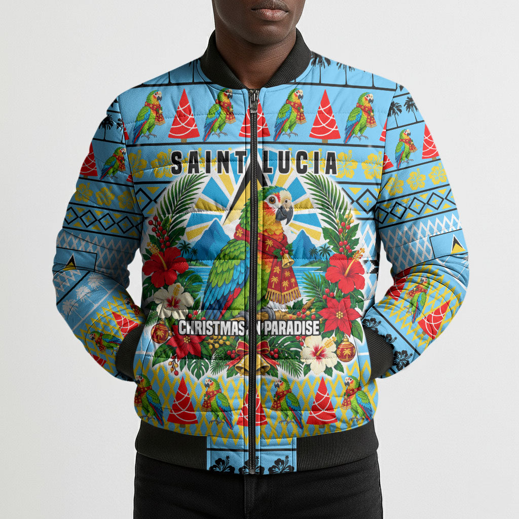 Saint Lucia Christmas In Paradise Bomber Puffer Jacket Tropical Parrot Santa Ugly Pattern Graphic Artwork