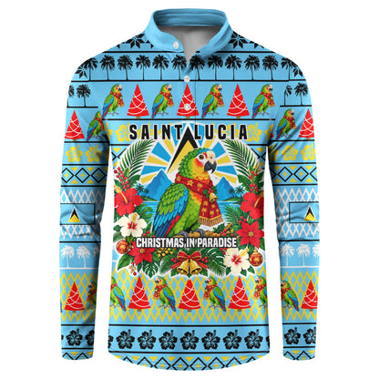 Saint Lucia Christmas In Paradise Button Sweatshirt Tropical Parrot Santa Ugly Pattern Graphic Artwork