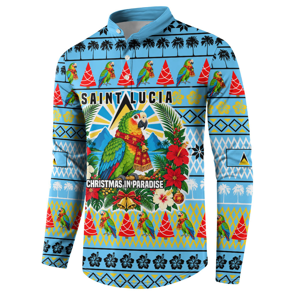 Saint Lucia Christmas In Paradise Button Sweatshirt Tropical Parrot Santa Ugly Pattern Graphic Artwork