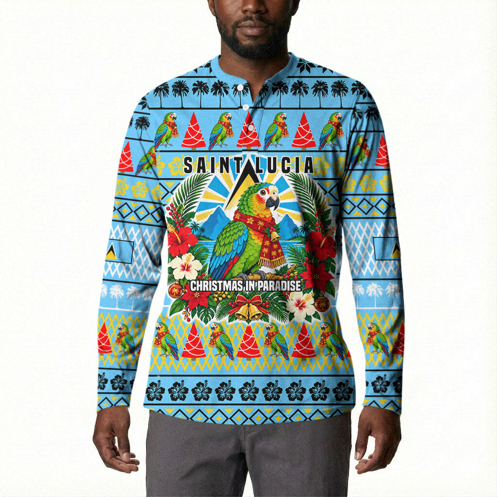 Saint Lucia Christmas In Paradise Button Sweatshirt Tropical Parrot Santa Ugly Pattern Graphic Artwork